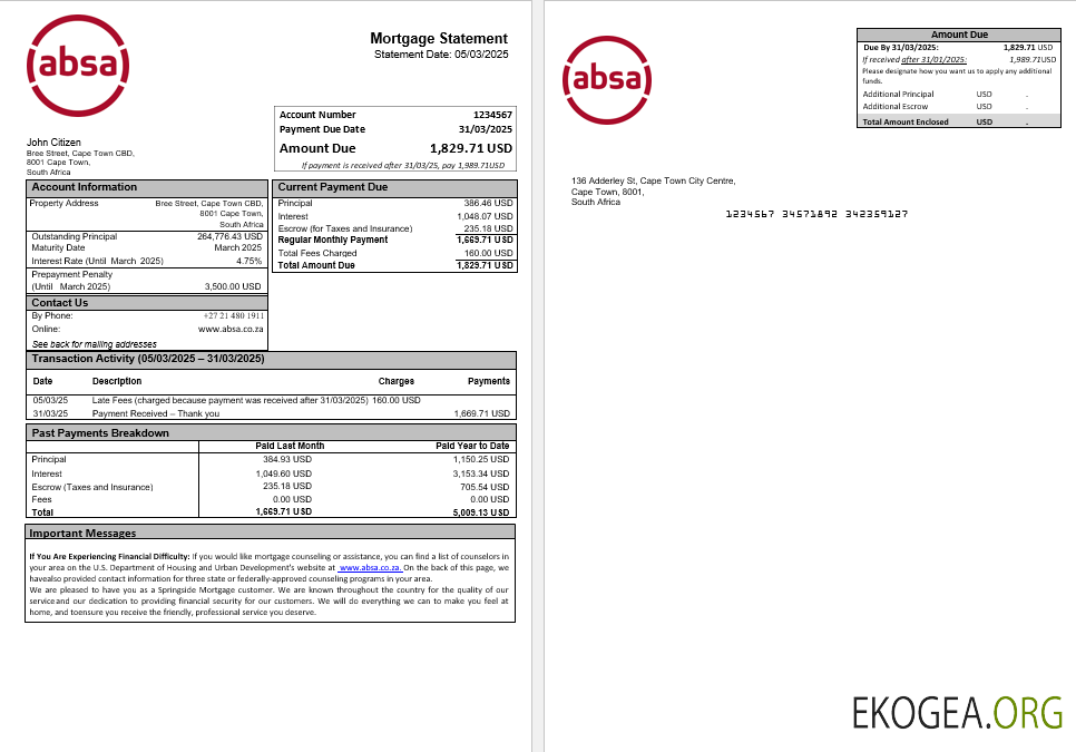 Relevé hypothécaire de la banque ABSA en Afrique du Sud aux formats Word et PDF